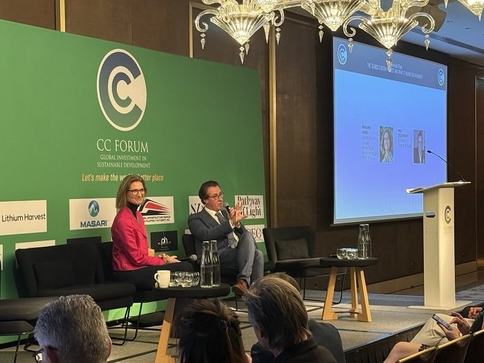 Panel discussion on stage at CC Forum London, March 2026, at the May Fair Hotel