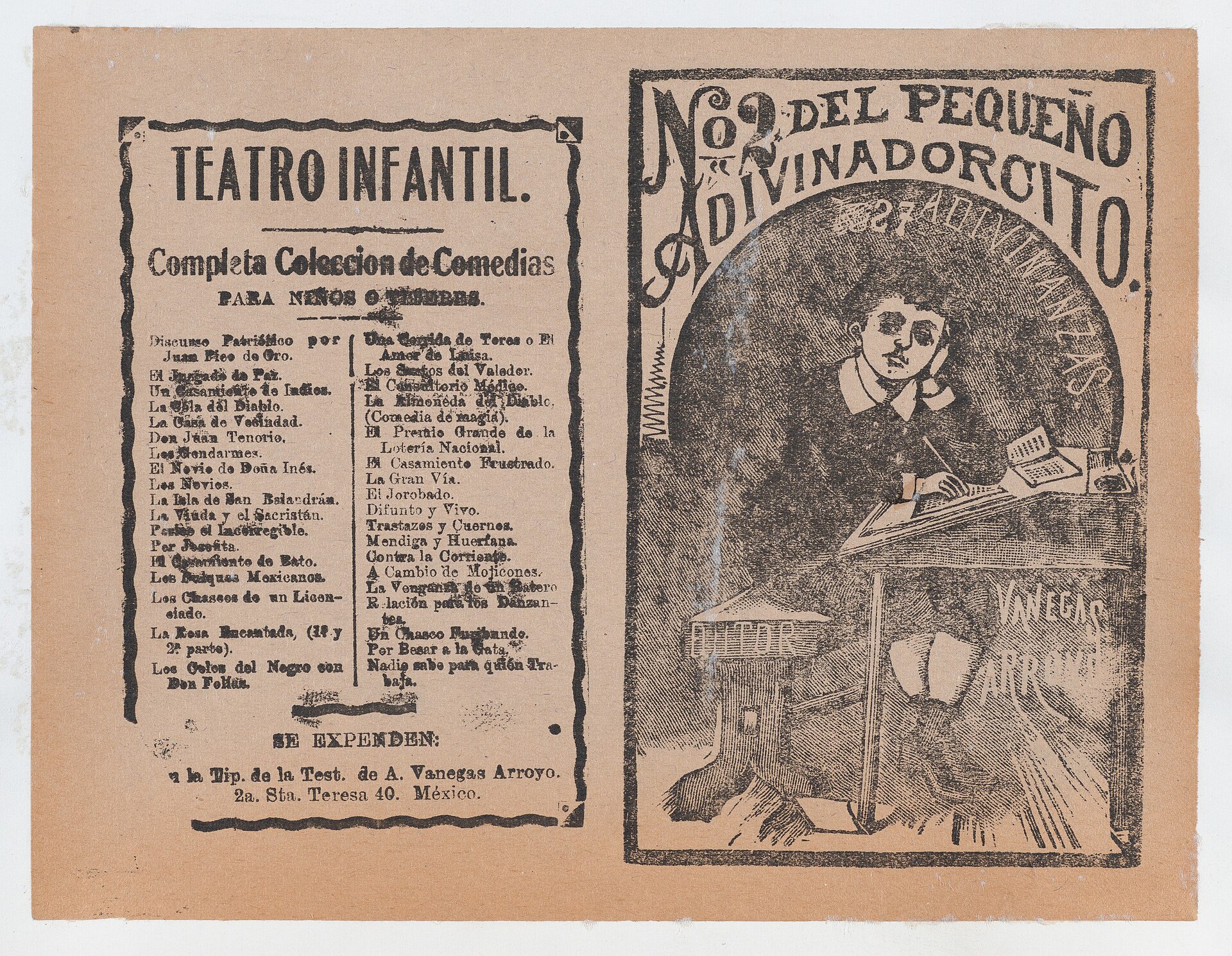 Cover for 'Del Pequeño Adivinadorcito', a young boy resting his head on his hand and writing at a desk